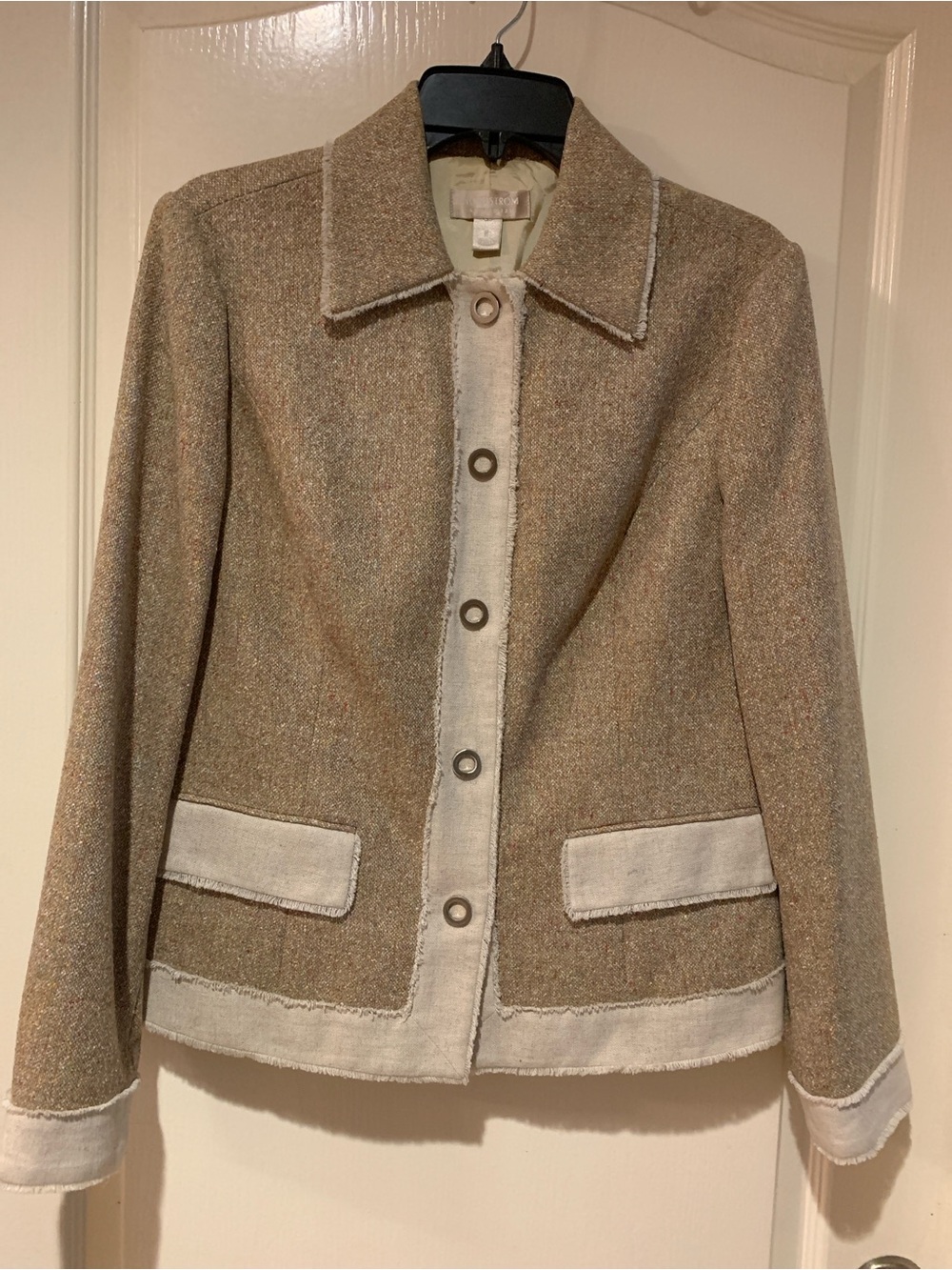 Nordstrom Tan Tweed Blazer with Cream Trim and Front Buttons